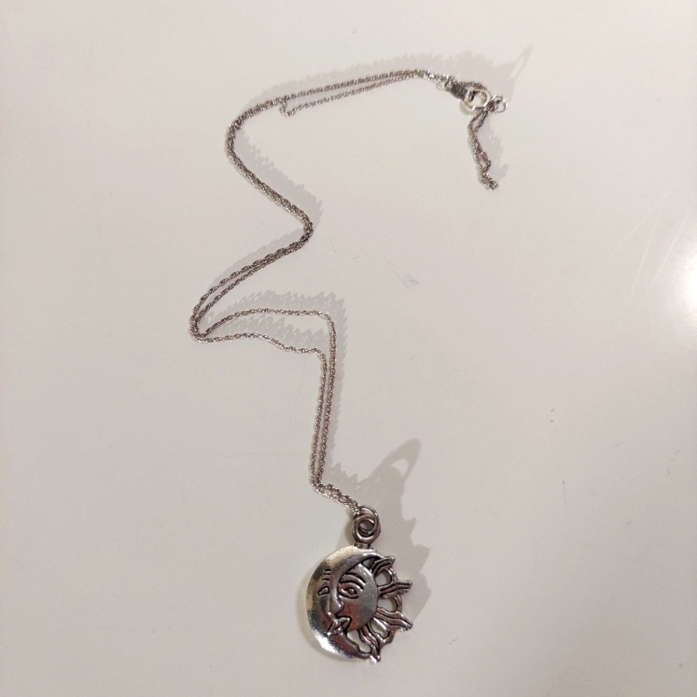 Silver Toned Metal Celestial Sun & Moon Necklace